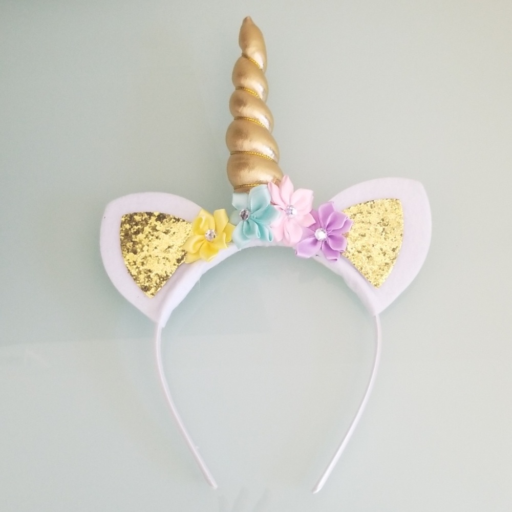 Unicorn Floral Horn Glitter Gold White Headband
